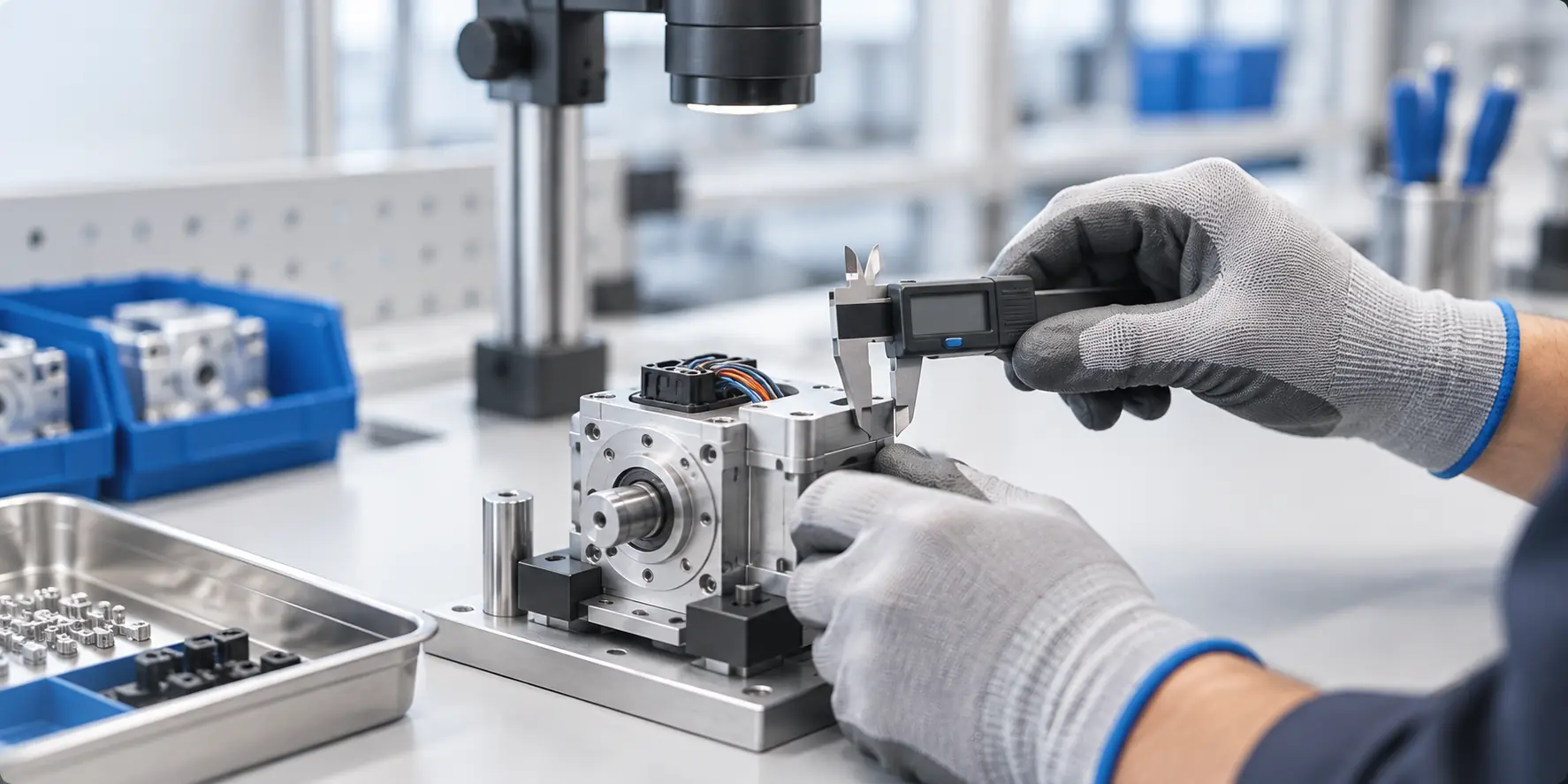 Gloved hands assembling a small metal component at a clean workstation