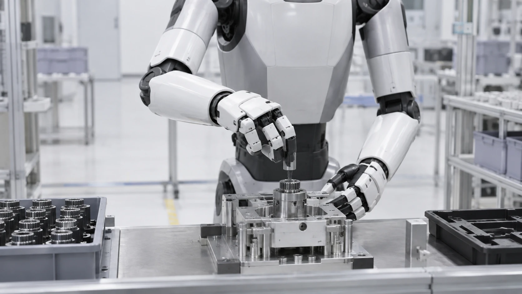 A worker checking a component at a clean workstation