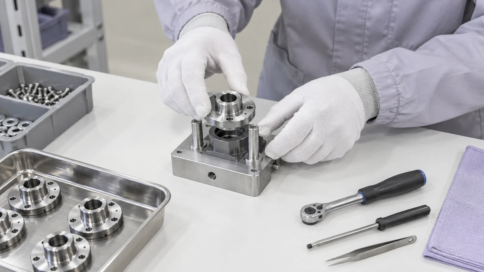 Gloved hands assembling a small metal part in a fixture