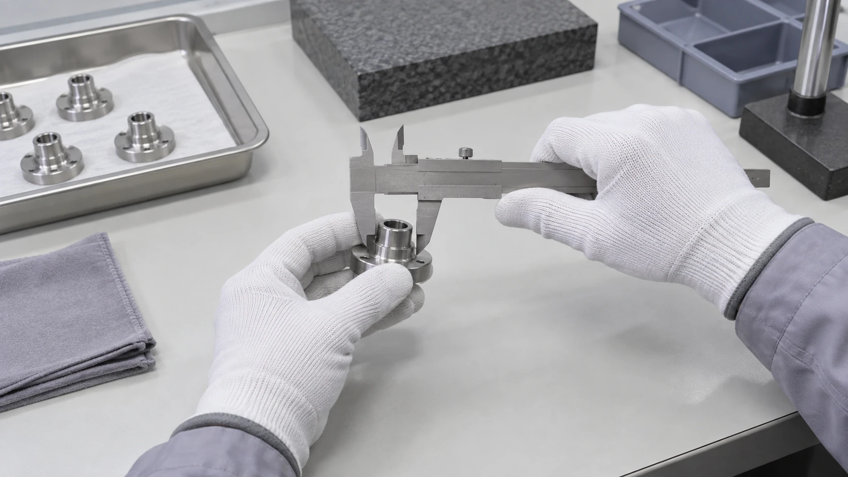 Gloved hands checking a metal part with a caliper