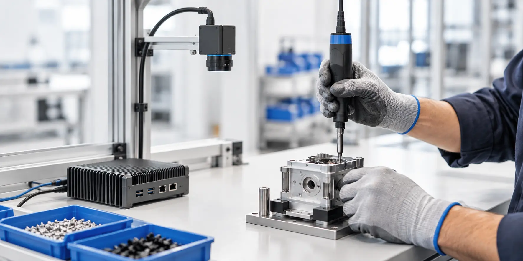 A camera and tool above a manual assembly workbench
